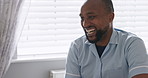 Man, nurse and nursing home with caregiver, funny joke and support with discussion. Black man, smile and happy from conversation with homecare, professional and patient care worker in a house  