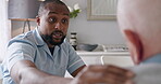 Nurse, senior man and support with help, conversation and home with medical, retirement and rehabilitation. African person, pensioner and elderly guy with healing, empathy and caregiver service
