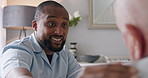 Nursing home, conversation and nurse with senior man in a kitchen for empathy, comfort or hope. Homecare, help and African male caregiver with old patient in a house with support, kindness or advice