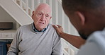 Home, senior man and nurse with support, recovery and helping with empathy, health or wellness. Conversation, apartment or pensioner with caregiver, compassion or sympathy with person with disability