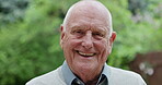 Senior man, face and happy in backyard for positive, pride and retirement with relax wellness in house. Mature person,  smile and portrait of gratitude outdoor and satisfaction for calm in garden
