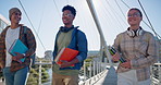 University student, friends and walk on bridge with diversity, talk and ready for learning, education and school. People, outdoor and gen z group with backpack, chat and happy for class at colege