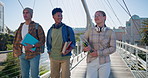 College student, friends and walk in city for diversity, conversation and books for learning, education and school. People, bridge and gen z group with backpack, chat or happy for class at university