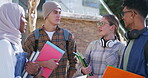 Group, outdoor and smile for exam, college and friends with headphones, questions and practice in campus. Education, people and knowledge for test, happy and university students, studying and talking