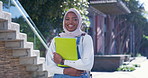 Face, happy black woman and Muslim student at college campus outdoor with books for learning opportunity. Portrait, smile or Islamic person at university to study, education or scholarship in Nigeria