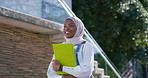 Muslim, black woman or college student walking with books for future or studying in university campus. Travel, start or happy Islamic learner with smile or pride for school, education or scholarship