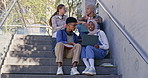 Studying, students or friends on steps in university steps or college campus stairs for research books. People, men or group of women talking for class project, learning or school exam preparation
