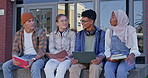 Outdoor campus, university and students talking of postgraduate plans, scholarship information or study group. Books, technology or friends with discussion, learning break or college education course