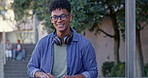 Black man, laptop and face for outdoor learning on campus, online assignment and research for project. Male person, student and registration for education, portrait and knowledge for exam in Tunisia