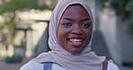 Outdoor, face or Muslim college student with smile for future or studying in university campus. Confident black girl, portrait or happy Islamic woman with scarf for school education or scholarship