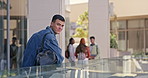 Face, university and student with backpack, man and higher education with knowledge, smile or learning. Portrait, outdoor or person with future, break or campus with pride, academic or scholarship