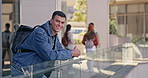 Man, education and students with conversation, face and teamwork for assignment or communication. People, campus and friends with scholarship, portrait or collaboration for project, college or smile