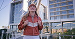 College, girl and thinking with smile at campus for higher education, learning and development. Outdoor, vision and freshman with backpack by building for future, knowledge and first day at academy