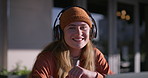 Girl, face and university student with headphones outdoor for learning, music and education. Happy, audio tech and portrait of female person study for college, scholarship or admission test in London
