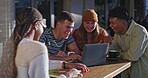 Happy students, group and laughing with laptop for social media, comedy or humor at outdoor cafe. Diversity, team or young learners with smile on computer for online research, content or browsing