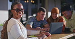 Studying, university and face of woman with friends, laptop and books for learning, education and reading. College, campus and portrait of people with textbooks and computer for exam preparation