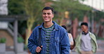 Man, student and happy on campus for education, knowledge and pride for scholarship. Academic, portrait or smile in university for private funding, learning or walk to lecture at college in Australia