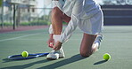 Tennis, sport and person tie shoes to start exercise, match or mature player at competition. Legs, outdoor or hands tying laces on sneakers to prepare for training or ready for cardio workout on turf