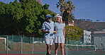 Conversation, tennis and walking with interracial old couple on court for hobby or retirement together. Exercise, fitness or sports with old man and woman talking for activity, bonding or training