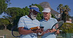Fitness, cellphone and sports for mature people, videos and watch for tennis, learning and laughing. Friends, online and outdoor with mobile, game and social media with instructions for exercise