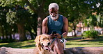 Mature black man, mobile and dog in park for relax, funny message and social media on log. Male person, phone and stroke Golden Retriever in nature for contact, animal blog and care for pet wellness