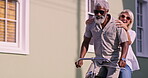 Cheerful, senior couple and travel with bicycle for riding, adventure and exploring on vacation together. City street, woman and man with bike for cycling, connection and bonding or smile in marriage