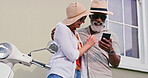 Happy, senior couple and travel with cellphone for direction and navigation with gps for attraction. City, woman and man with love for mobile app, online map and web search for restaurant location