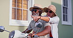 Pointing, senior couple and travel with motor bike for riding, adventure and explore on vacation together. City, woman and man with scooter for transport, connection or bonding with smile in marriage