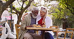 Senior couple, hug and coffee shop with bonding, interracial relationship and together for health in restaurant. Elderly people, happiness and cafe for connection, care and memory as partner in love