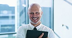 Businessman, happy and laughing with folder in office for corporate joke, project portfolio and financial assistant. Mature person, smile and portrait with documents for company budget administration