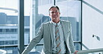 Business, man and face of CEO in office for trading startup company, career confidence and pride. Professional, mature employer and portrait of stock trader in workplace building with smile at job