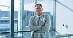 Face, businessman and smile at office with arms crossed for career growth, job opportunity and property developer. Mature person, employee and happy with confidence for investment in real estate