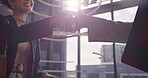 Business, people and handshake in office with welcome for introduction, greeting and b2b meeting. Company merger, employees and shaking hands in building for partnership deal, agreement and contract