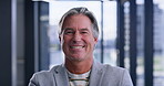 Face, mission and smile of business man in office with ambition or experience for corporate career. Agency, development and portrait of happy professional employee in workplace for management