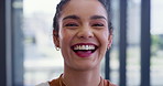 Happy, confident and face of woman in office with positive attitude for creative career. Smile, laugh and portrait of professional female copywriter from Puerto Rico with pride for magazine agency.
