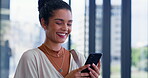 Woman, phone texting and office with smile from social media break and scroll on the internet at work. Happy, app and mobile networking with technology at public relations agency online with laughing