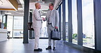 Handshake, meeting or office space with businessman and real estate agent greeting in workplace for sale. Corporate, property or welcome with client and realtor shaking hands for deal or thank you