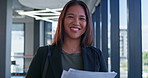 Documents, happy and face of businesswoman in office for finance investment approval for company. Paperwork, portrait and Asian female financial planner with capital gain agreement with stakeholder.