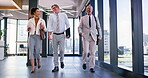 Walking, man and woman as confident realtor In office for meeting or consulting in company. Happy people, employee and pride as real estate agent in property management, development and town planning