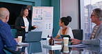 Presentation, business woman and meeting with board of investment and directors in office Equity, speaker and strategy planning with team performance review and analysis with chart and collaboration
