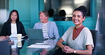 Portrait, laptop and woman in boardroom, meeting and proud of pitch, discussion and laughing with group. Collaboration, creative and business people with ideas, publicist and boss of media agency
