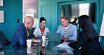 Typing, laptop and woman in boardroom, meeting and proud of pitch, reading and discussion with group. Collaboration, creative and business people with ideas, publicist and boss of media agency