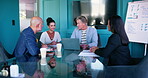 Typing, laptop and woman in boardroom, talking and proud of pitch, meeting and discussion with group. Collaboration, creative and business people with ideas, publicist and boss of media agency