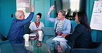 High five, laptop and group in boardroom, talking and proud of pitch, meeting or discussion with boss. Collaboration, creative and business people with ideas, publicist or celebration in media agency