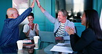 Teamwork, high five and planning with business people in meeting for financial analyst, equity and profit valuation. Investment report, asset management and success with employees in office.