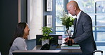 Business man, appointment and greeting at reception at corporate consultation agency with secretary. Client, lobby and waiting room with phone in office at admin counter and welcome or help desk