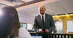 Business man, appointment and reception welcome desk at corporate consultation agency with secretary. Client, lobby and waiting room with phone at office admin counter and check in for meeting