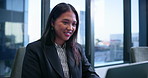 Smile, investor or Asian businesswoman on laptop for online research, fintech or profit evaluation. Finance, advisor or economist with technology on report for company revenue growth or investment
