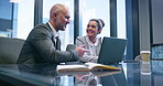 Mentor, laptop and team with business people in office for corporate treasurer, company liquidity and investment. Portfolio manager, planning and capital funds with employees in financial firm
