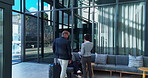 Airport lounge, business people and conversation with networking, teamwork or cooperation. Employees, coworkers or consultant in office, discussion or planning with decision, startup pr communication